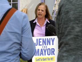 Mayoral candidate Jenny Motkaluk makes a campaign announcement on tax fairness in the Glenelm area of Winnipeg on Monday, Sept. 12, 2022.