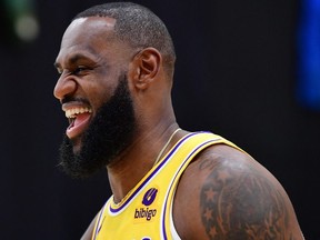 Sep 26, 2022; El Segundo, CA, USA; Los Angeles Lakers forard LeBron James (6) reacts during Lakers Media Day at UCLA Health Training Center.