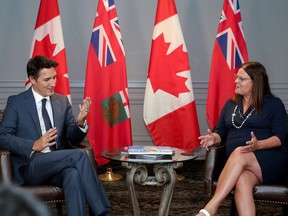 Canada's Prime Minister Justin Trudeau meets with Manitoba's Premier Heather Stefanson at the Fort Garry Hotel in Winnipeg, Manitoba, Canada September 1, 2022.  REUTERS/Shannon VanRaes
