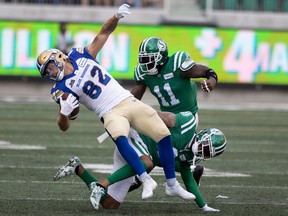 Winnipeg Blue Bombers wide receiver Drew Wolitarsky (82) runs the ball during the first half of the Labour Day Classic game pitting the Saskatchewan Roughriders against the Winnipeg Blue Bombers at Mosaic Stadium on Sunday, Sept. 4, 2022 in Regina.