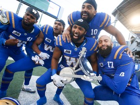 Winnipeg Blue Bombers celebrate winning the annual Banjo Bowl win against the Saskatchewan Roughriders after CFL action in Winnipeg Saturday, September 10, 2022.