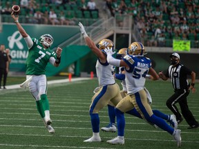 Saskatchewan Roughriders quarterback Cody Fajardo (7) throws during a CFL football game between the Saskatchewan Roughriders and the Winnipeg Blue Bombers at Mosaic Stadium in Regina, Saskatchewan on Sept. 5, 2021.