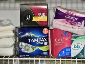 Various menstrual products are seen on Feb. 20, 2019, in Kennesaw, Ga. The Manitoba government plans to make millions of menstrual products available for free at schools, women's shelters and resource centres across the province.