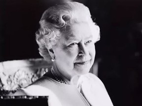 A black and white portrait photograph is Queen Elizabeth II, taken by photographer Jane Bown.