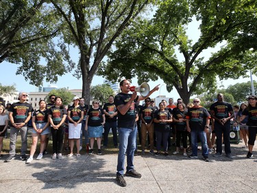 NDP provincial party leader Wab Kinew speaks at Memorial Park ahead of the Labour Day March in Winnipeg on Monday, Sept. 5, 2022.