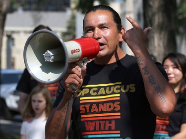 NDP provincial party leader Wab Kinew speaks at Memorial Park ahead of the Labour Day March in Winnipeg on Monday, Sept. 5, 2022.