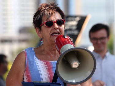 Darlene Jackson, Manitoba Nurses Union president, speaks at Memorial Park ahead of the Labour Day March in Winnipeg on Monday, Sept. 5, 2022.