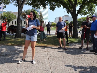 Melissa Dvorak, president of the Winnipeg Labour Council, speaks at Memorial Park ahead of the Labour Day March in Winnipeg on Monday, Sept. 5, 2022.