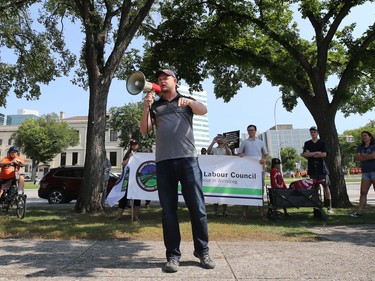 New Democratic Party MP (Elmwood-Transcona) Daniel Blaikie speaks at Memorial Park ahead of the Labour Day March in Winnipeg on Monday, Sept. 5, 2022.