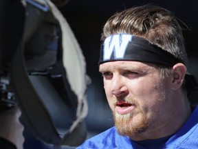 Linebacker Adam Bighill meets with media after Winnipeg Blue Bombers practice on Mon., Sept. 26, 2022. KEVIN KING/Winnipeg Sun/Postmedia Network