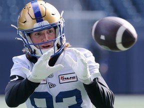 Slotback Dalton Schoen makes a catch during Winnipeg Blue Bombers practice on Monday, Sept. 26, 2022.