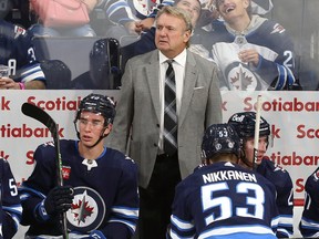 Winnipeg Jets head coach Rick Bowness behind the bench during NHL exhibition action against the Ottawa Senators at Canada Life Centre on Tue., Sept. 27, 2022. KEVIN KING/Winnipeg Sun/Postmedia Network