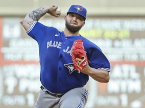 Blue Jays starting pitcher Alek Manoah throws to the Minnesota Twins in the first inning of a baseball game on Thursday.