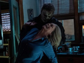 Michael Myers (aka The Shape) and Jamie Lee Curtis as Laurie Strode in "Halloween Ends".