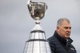 CFL Commissioner Randy Ambrosie speaks beside the Grey Cup at Bayfront Park during the CFL's Grey Cup week in Hamilton, Tuesday, Dec. 7, 2021.