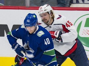 Axel Jonsson-Fjallby (right), then of the Washington Capitals, stick-checks Vancouver Canucks forward Elias Pettersson during an NHL game on March 11, 2022. Jonsson-Fjallby is now a member of the Winnipeg Jets.