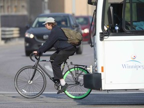 A cyclist and a transit bus in a diamond lane in Winnipeg on Wednesday, Oct. 5.