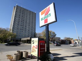Osborne Street in Winnipeg, with seniors' residence Fred Tipping Place on the left and 7-Eleven is pictured on Sun., Oct. 10. A 78-year-old man died Sunday after he was struck by a vehicle driven by an 80-year-old woman on that stretch of Osborne.