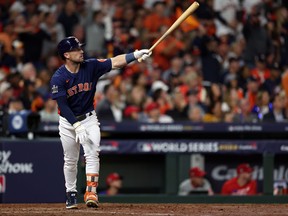 Alex Bregman of the Houston Astros hits a two run home run in the fifth inning against the Philadelphia Phillies in Game Two of the 2022 World Series at Minute Maid Park on Oct. 29, 2022 in Houston, Texas.
