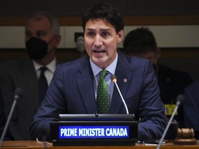 Prime Minister Justin Trudeau speak during a meeting of the Ad Hoc Advisory Group and Caribbean partners on the situation in Haiti at the United Nations in New York, Sept. 21, 2022.