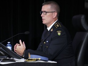 Ontario Provincial Police Supt. Craig Abrams appears as a witness at the Public Order Emergency Commission in Ottawa on Thursday, Oct. 20, 2022.