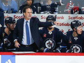 Winnipeg Jets assistant coach Scott Arniel shouts instructions against the New York Rangers during the third period at Canada Life Centre in Winnipeg on Oct. 14, 2022.