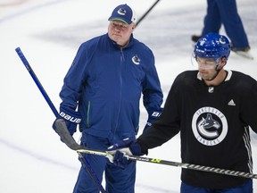 Vancouver, BC: October 07, 2022 -- Canucks coach Bruce Boudreau at practice at Rogers Arena in Vancouver, BC Friday, October 7, 2022.