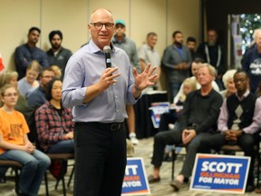 Mayoral candidate Scott Gillingham addresses supporters during a campaign rally at Canad Inns Polo Park in Winnipeg on Sunday, Oct. 2, 2022.