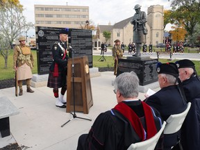 Lt.-Col. Jon Baker, commanding officer of the Queen's Own Cameron Highlanders of Canada, speaks during a dedication ceremony at the Cameron Fallen Comrades Memorial statue at Vimy Ridge Park in Winnipeg on Sun., Oct. 2, 2022. The infantry regiment based out of Minto Armoury dedicated its first monument to honour and recognize its sacrifices and service since 1910.