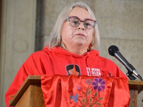 Betty Lynxleg, whose niece Melinda Lynxleg has not been seen or heard from since disappearing on March 31, 2020, spoke at a ceremony at the Rotunda inside the Manitoba Legislative Building in Winnipeg on Tuesday, Oct. 4, 2022, commemorating the National Day of Action for Missing and Murdered Indigenous Women, Girls and 2SLGBTQ+ people.