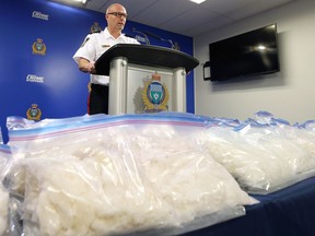 Insp. Elton Hall discusses a large methamphetamine seizure at Winnipeg Police headquarters on Thurs., Oct. 20, 2022. KEVIN KING/Winnipeg Sun/Postmedia Network