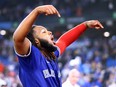 Vladimir Guerrero Jr. of the Toronto Blue Jays celebrates his walk-off single in the 10th inning for a 3-2 win against the New York Yankees at Rogers Centre on September 26, 2022 in Toronto.