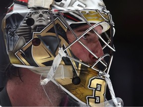 Goalie Logan Thompson of the Vegas Golden Knights looks on against the Washington Capitals during the second period at Capital One Arena on November 1, 2022 in Washington, DC.