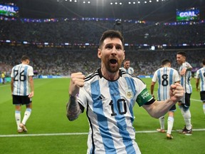 Lionel Messi of Argentina celebrates scoring his team's first goal during the Group C match of FIFA World Cup Qatar 2022 between Argentina and Mexico at Lusail Stadium on November 26, 2022 in Lusail City, Qatar.
