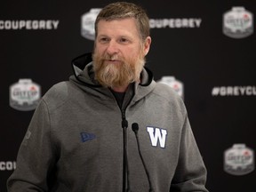 Winnipeg Blue Bombers head coach Mike O'Shea speaks with the media after arriving at Kreos Aviation at the Regina Airport for the Grey Cup Championship on Tuesday, November 15, 2022 in Regina. KAYLE NEIS / Regina Leader-Post