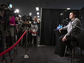 Winnipeg Blue Bombers quarterback Zach Collaros responds to questions during media day in Regina, on Thursday, November 17, 2022. The Winnipeg Blue Bombers will be playing against the Toronto Argonauts in the 109th Grey Cup on Sunday. THE CANADIAN PRESS/Paul Chiasson
