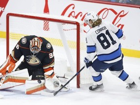 Anaheim Ducks goaltender John Gibson  saves the shot from Winnipeg Jets' Kyle Connor last night. JOHN WOODS/THE CANADIAN PRESS