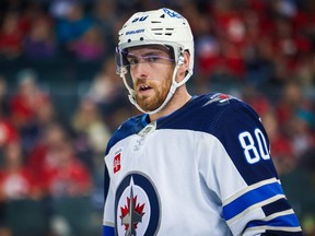 Winnipeg Jets forward Pierre-Luc Dubois looks on during his team's game against the Calgary Flames on Nov. 12, 2022.