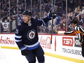 Mar 4, 2022; Winnipeg, Manitoba, CAN; Winnipeg Jets center Paul Stastny (25) celebrates his goal on the second period against the Dallas Stars at Canada Life Centre. Mandatory Credit: James Carey Lauder-USA TODAY Sports