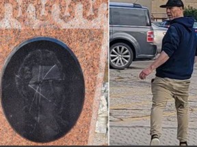 Police believe this person to be a suspect in the vandalism of Louis Riel's headstone located at the St. Boniface Cathedral Cemetery in Ocotober. Handout photo