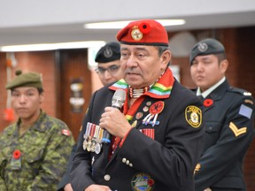 Retired Cpl. Melvin Swan spoke publicly on Tuesday during a ceremony in Winnipeg to commemorate National Indigenous Veterans Day. Dave Baxter/Winnipeg Sun/Local Journalism Initiative