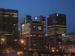 Winnipeg skyline as night falls