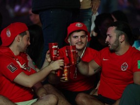 Team Canada fans are seen drinking beer during a World Cup match between Senegal and Netherlands, at the FIFA Fan Festival, Al Bidda Park, Doha, Qatar, Monday, Nov. 21, 2022.