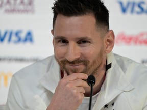 Argentina's forward Lionel Messi gives a press conference at the Qatar National Convention Centre (QNCC) in Doha, on November 21, 2022, on the eve of the Qatar 2022 World Cup football match between Argentina and Saudi Arabia.
