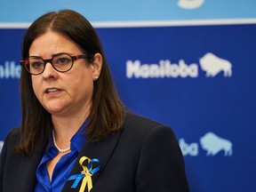 Manitoba Premier Heather Stefanson speaks to media in Winnipeg on Tuesday, April 12, 2022, at the Manitoba Legislative Building. The Manitoba government is putting up millions more dollars for a new detention facility at the police headquarters in Brandon.