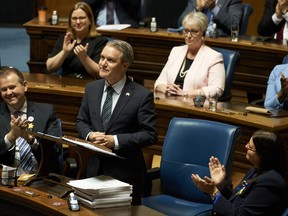 Manitoba Finance Minister Cameron Friesen delivers the 2022 budget in Winnipeg on April 12, 2022 at the Manitoba Legislative Building. The government says it will not privatize core functions of Crown-owned Manitoba Hydro.