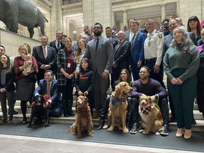 Manitoba politicians and several pet owners and their dogs pose for photos at the Manitoba legislature in Winnipeg on Tuesday, Nov. 29, 2022. The legislature is debating a bill that would forbid people from leaving their pets unattended in vehicles in extreme weather.