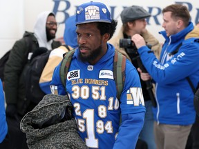 Cornerback Deatrick Nichols wears a jersey of many numbers as the Winnipeg Blue Bombers depart from Winnipeg International Airport en route to the Grey Cup in Regina on Tuesday, Nov. 15, 2022.