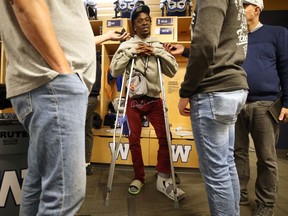 Cornerback Winston Rose is on crutches as he meets with media when the Winnipeg Blue Bombers cleared out their lockers on Tues., Nov. 22, 2022.  KEVIN KING/Winnipeg Sun
