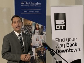 Loren Remillard, President and CEO of The Winnipeg Chamber of Commerce, speaks at the launch on Tuesday, Nov. 29, 2022, of the Find Their Way Back Downtown initiative where The Winnipeg Chamber of Commerce announced it is moving next year to the center of Downtown Winnipeg – Portage and Main to relocated to the former Scotiabank building at 200 Portage Ave., and co-located with the World Trade Centre Winnipeg (WTCW) and CentrePort Canada.